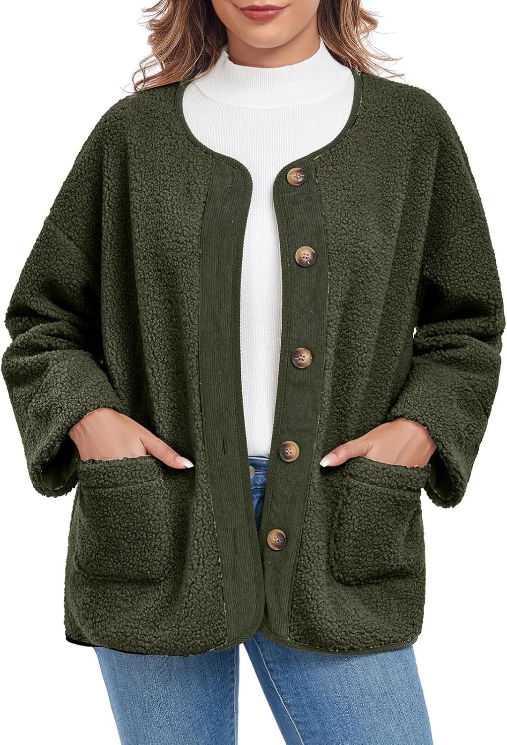 Womens Sherpa Fleece Jacket Casual Long Sleeve Button Up Corduroy Fuzzy Warm Winter Coats Outerwear with Pockets
