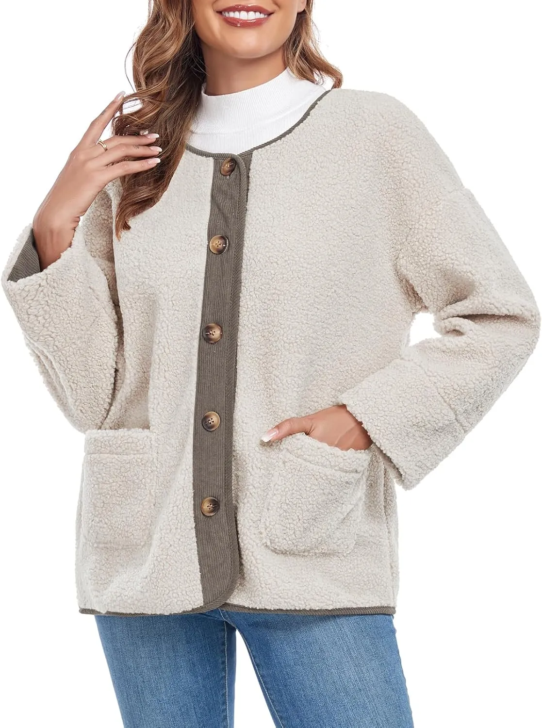 Womens Sherpa Fleece Jacket Casual Long Sleeve Button Up Corduroy Fuzzy Warm Winter Coats Outerwear with Pockets