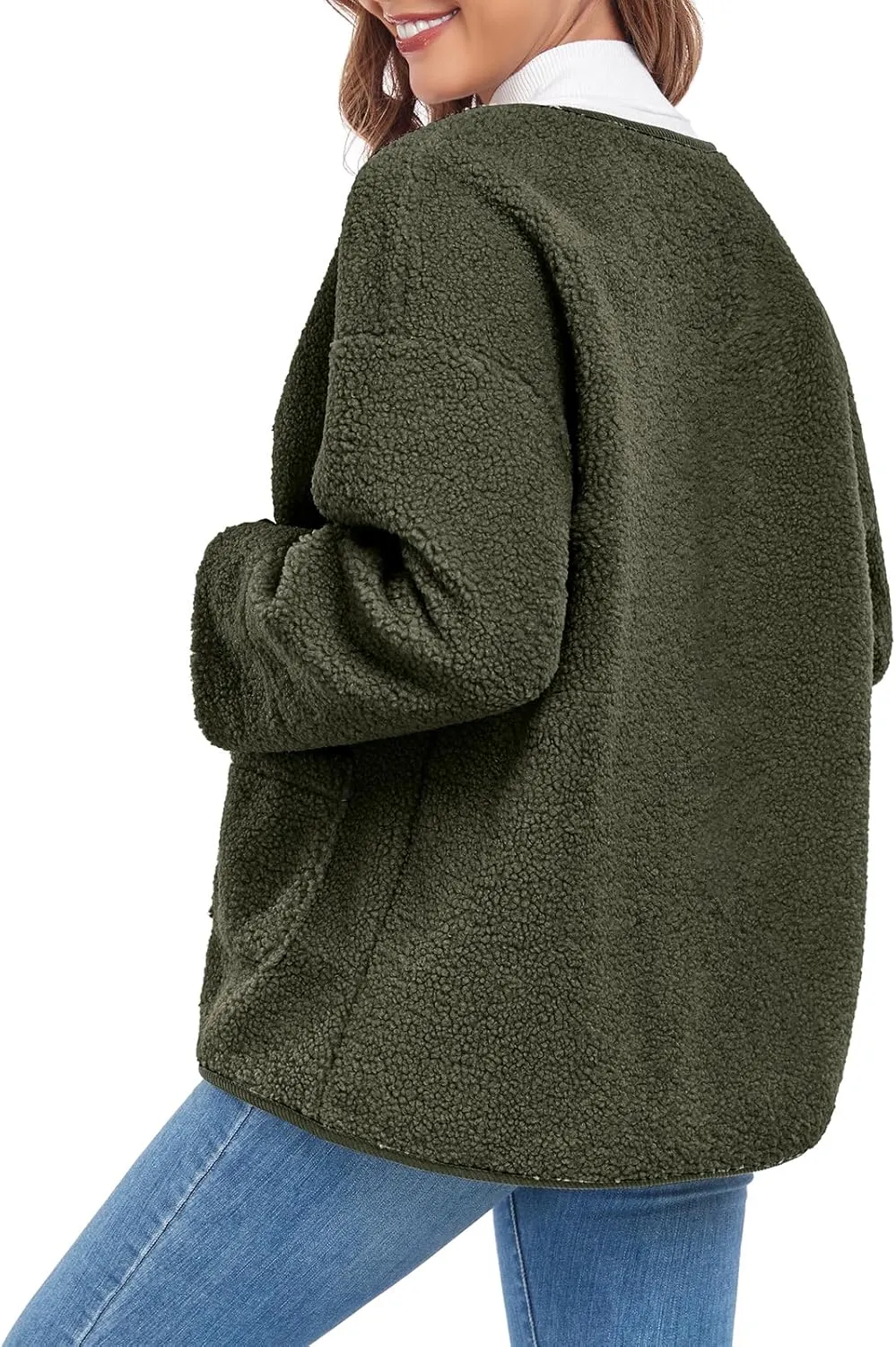 Womens Sherpa Fleece Jacket Casual Long Sleeve Button Up Corduroy Fuzzy Warm Winter Coats Outerwear with Pockets