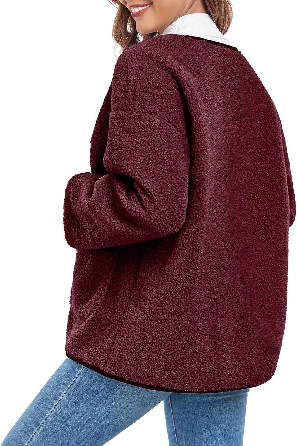 Womens Sherpa Fleece Jacket Casual Long Sleeve Button Up Corduroy Fuzzy Warm Winter Coats Outerwear with Pockets