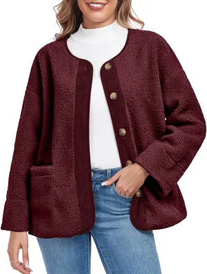 Womens Sherpa Fleece Jacket Casual Long Sleeve Button Up Corduroy Fuzzy Warm Winter Coats Outerwear with Pockets