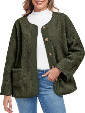 Womens Sherpa Fleece Jacket Casual Long Sleeve Button Up Corduroy Fuzzy Warm Winter Coats Outerwear with Pockets