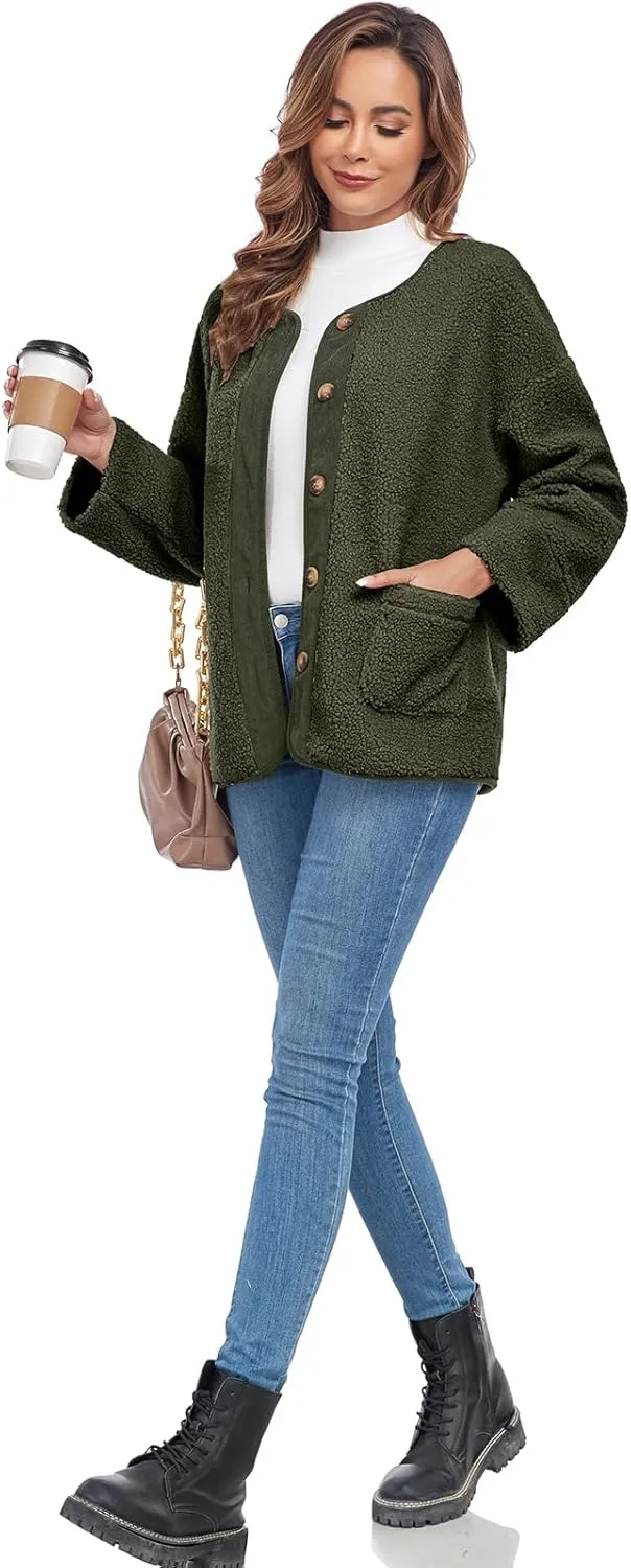 Womens Sherpa Fleece Jacket Casual Long Sleeve Button Up Corduroy Fuzzy Warm Winter Coats Outerwear with Pockets