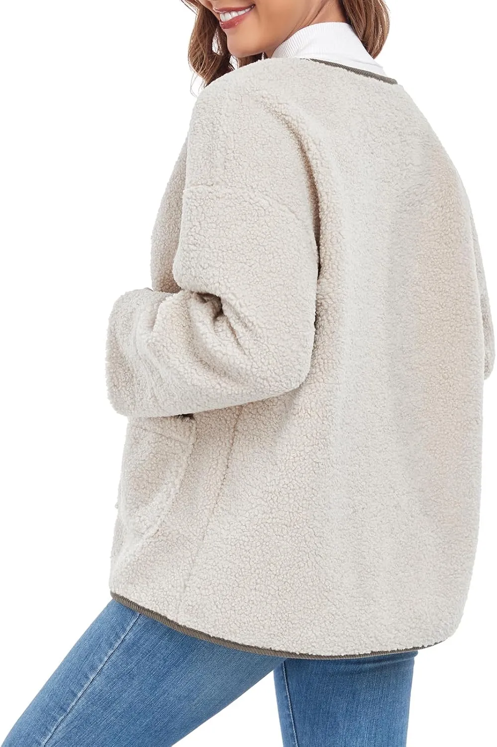 Womens Sherpa Fleece Jacket Casual Long Sleeve Button Up Corduroy Fuzzy Warm Winter Coats Outerwear with Pockets