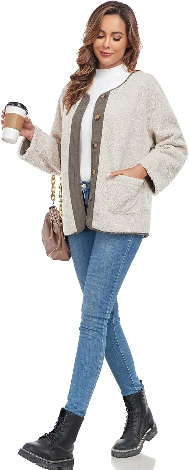 Womens Sherpa Fleece Jacket Casual Long Sleeve Button Up Corduroy Fuzzy Warm Winter Coats Outerwear with Pockets