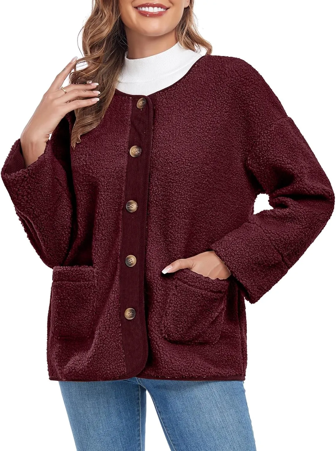 Womens Sherpa Fleece Jacket Casual Long Sleeve Button Up Corduroy Fuzzy Warm Winter Coats Outerwear with Pockets