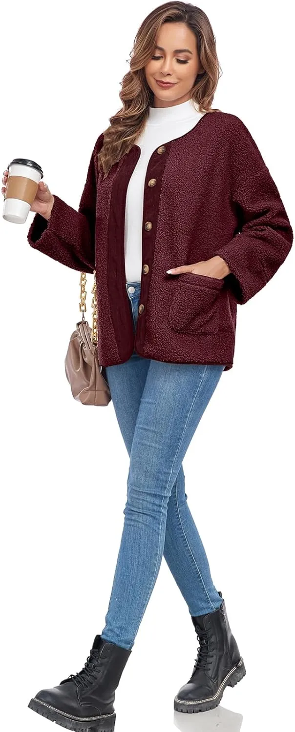 Womens Sherpa Fleece Jacket Casual Long Sleeve Button Up Corduroy Fuzzy Warm Winter Coats Outerwear with Pockets