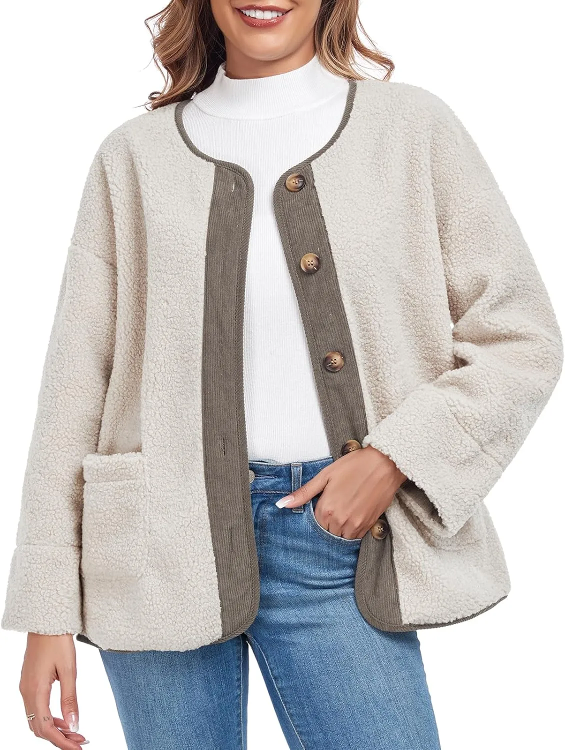 Womens Sherpa Fleece Jacket Casual Long Sleeve Button Up Corduroy Fuzzy Warm Winter Coats Outerwear with Pockets