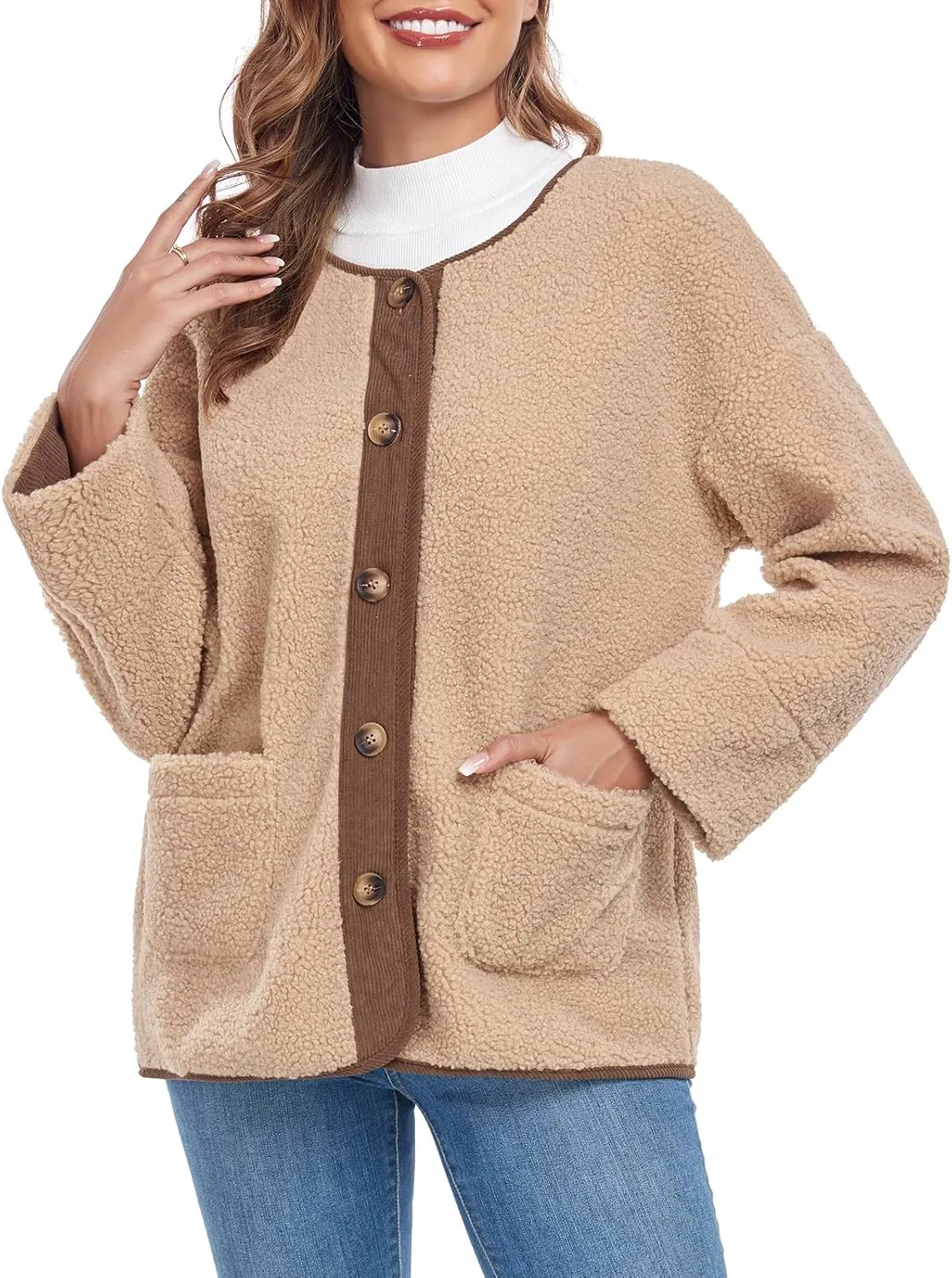 Womens Sherpa Fleece Jacket Casual Long Sleeve Button Up Corduroy Fuzzy Warm Winter Coats Outerwear with Pockets
