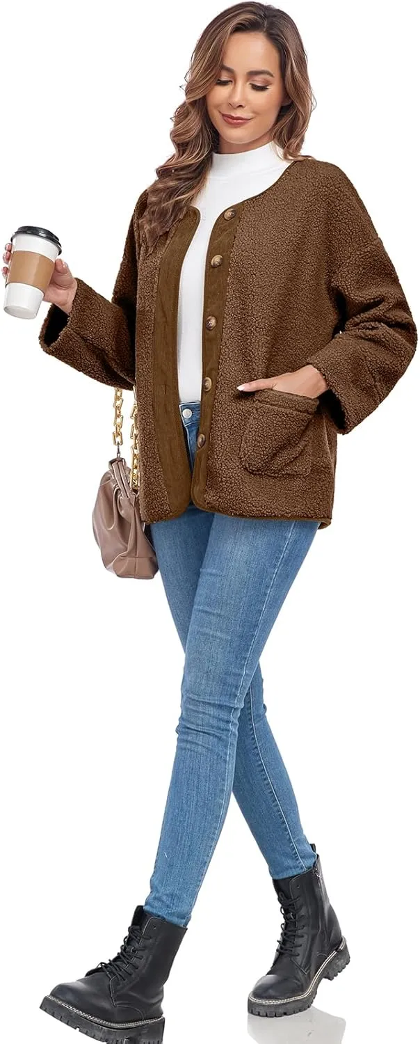 Womens Sherpa Fleece Jacket Casual Long Sleeve Button Up Corduroy Fuzzy Warm Winter Coats Outerwear with Pockets