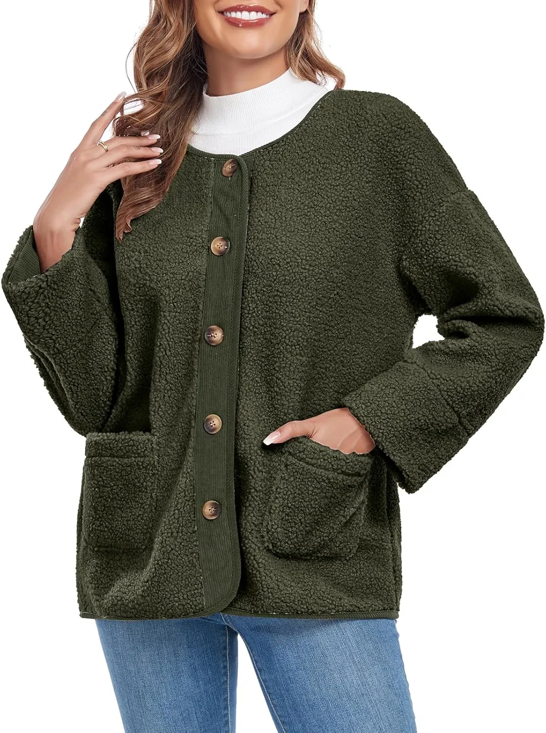 Womens Sherpa Fleece Jacket Casual Long Sleeve Button Up Corduroy Fuzzy Warm Winter Coats Outerwear with Pockets