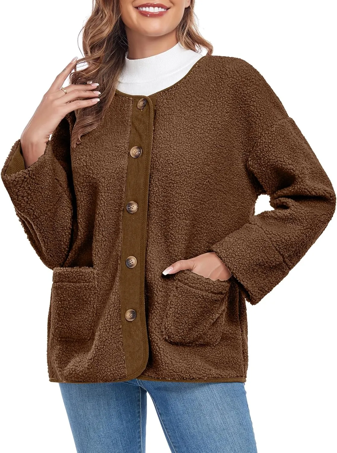 Womens Sherpa Fleece Jacket Casual Long Sleeve Button Up Corduroy Fuzzy Warm Winter Coats Outerwear with Pockets