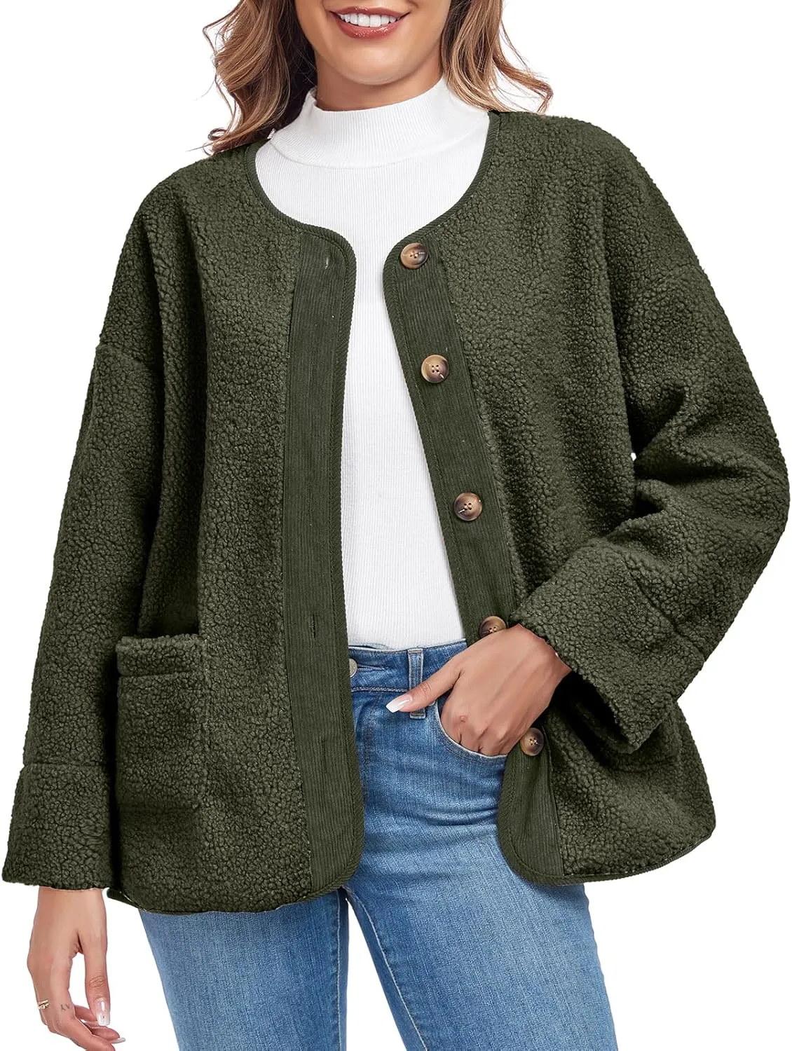 Womens Sherpa Fleece Jacket Casual Long Sleeve Button Up Corduroy Fuzzy Warm Winter Coats Outerwear with Pockets