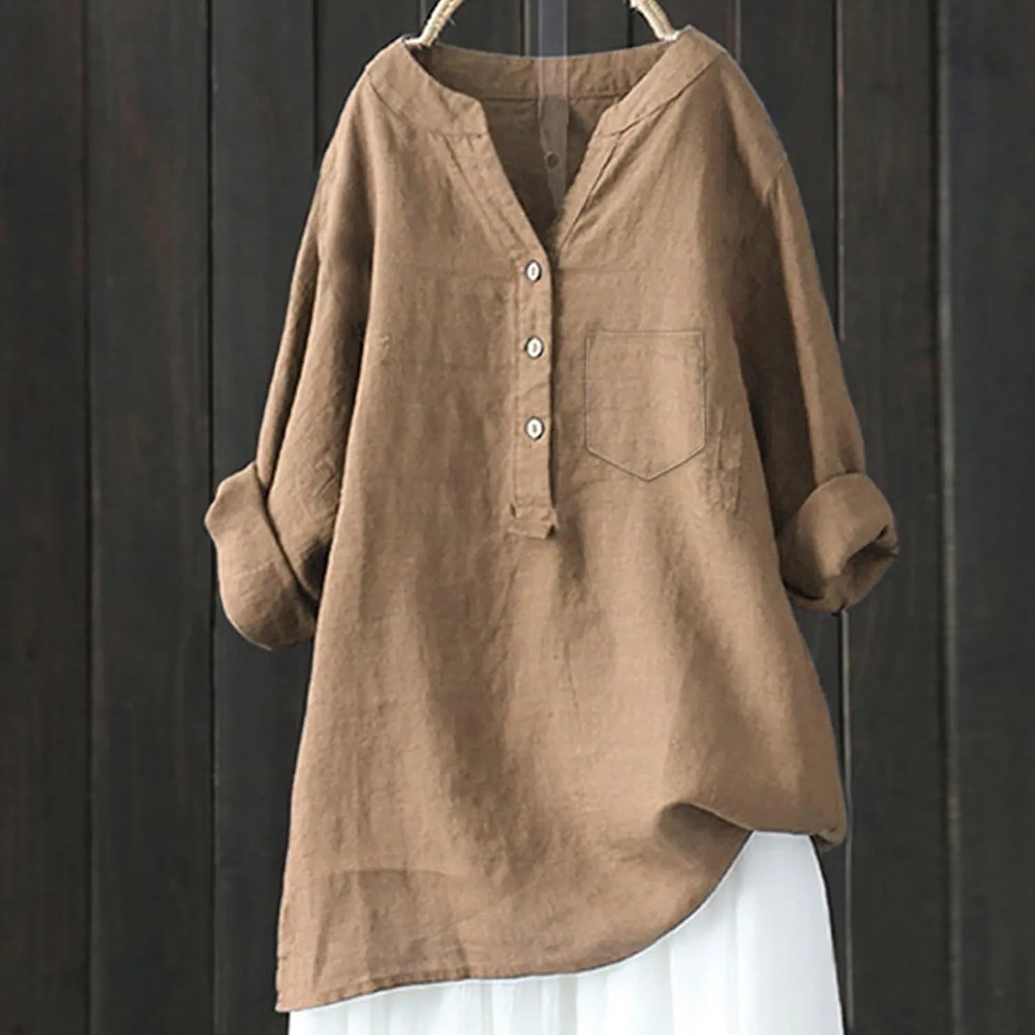 Women's Short Sleeve Cotton Linen Shirt Casual V Neck Trendy T Shirt Collared Button Down Loose Summer Tops