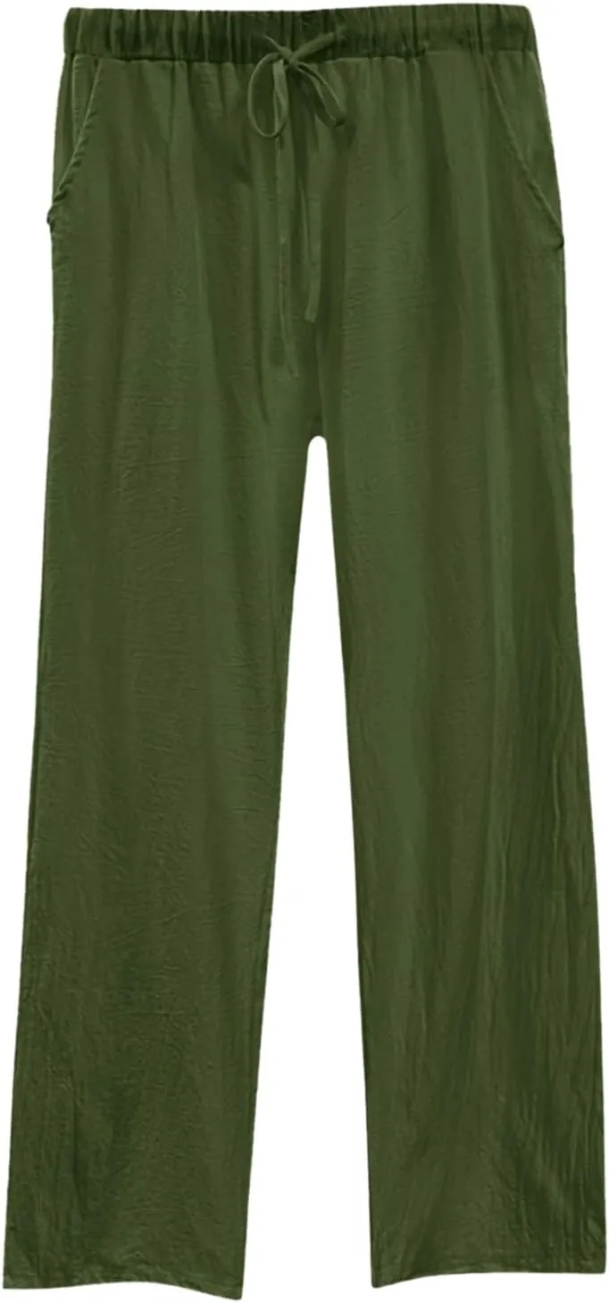 Womens Wide Leg Linen Pants Beach Casual High Elastic Waisted Palazzo Pant Suit Tie Side Trouser with Pocket