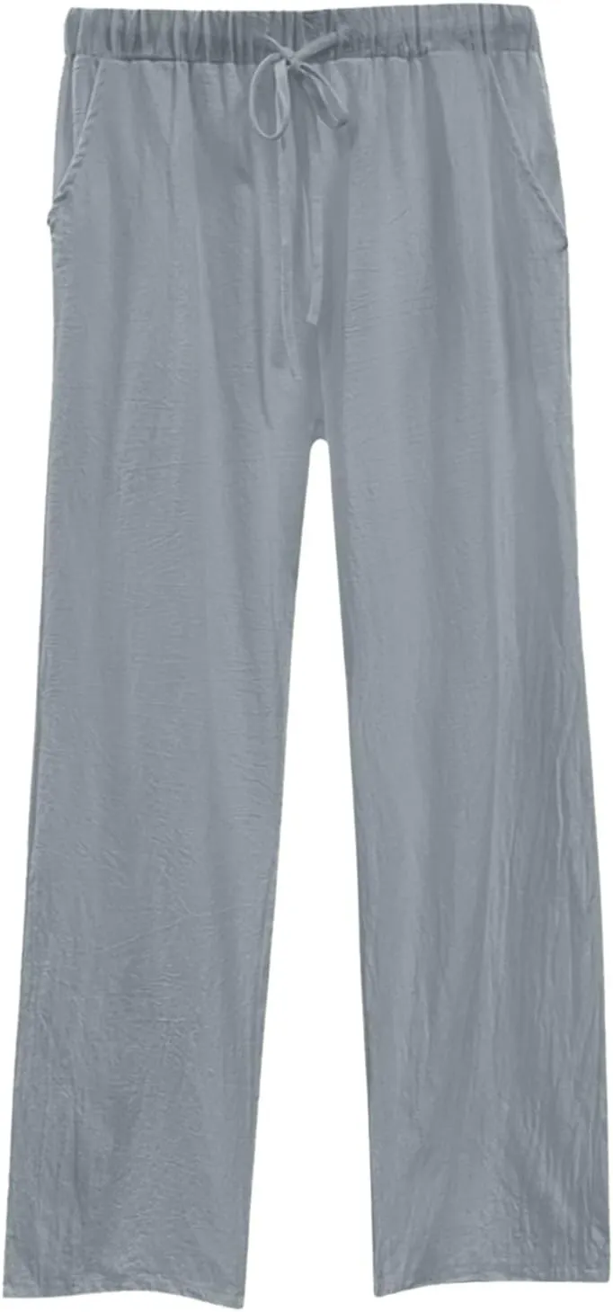 Womens Wide Leg Linen Pants Beach Casual High Elastic Waisted Palazzo Pant Suit Tie Side Trouser with Pocket