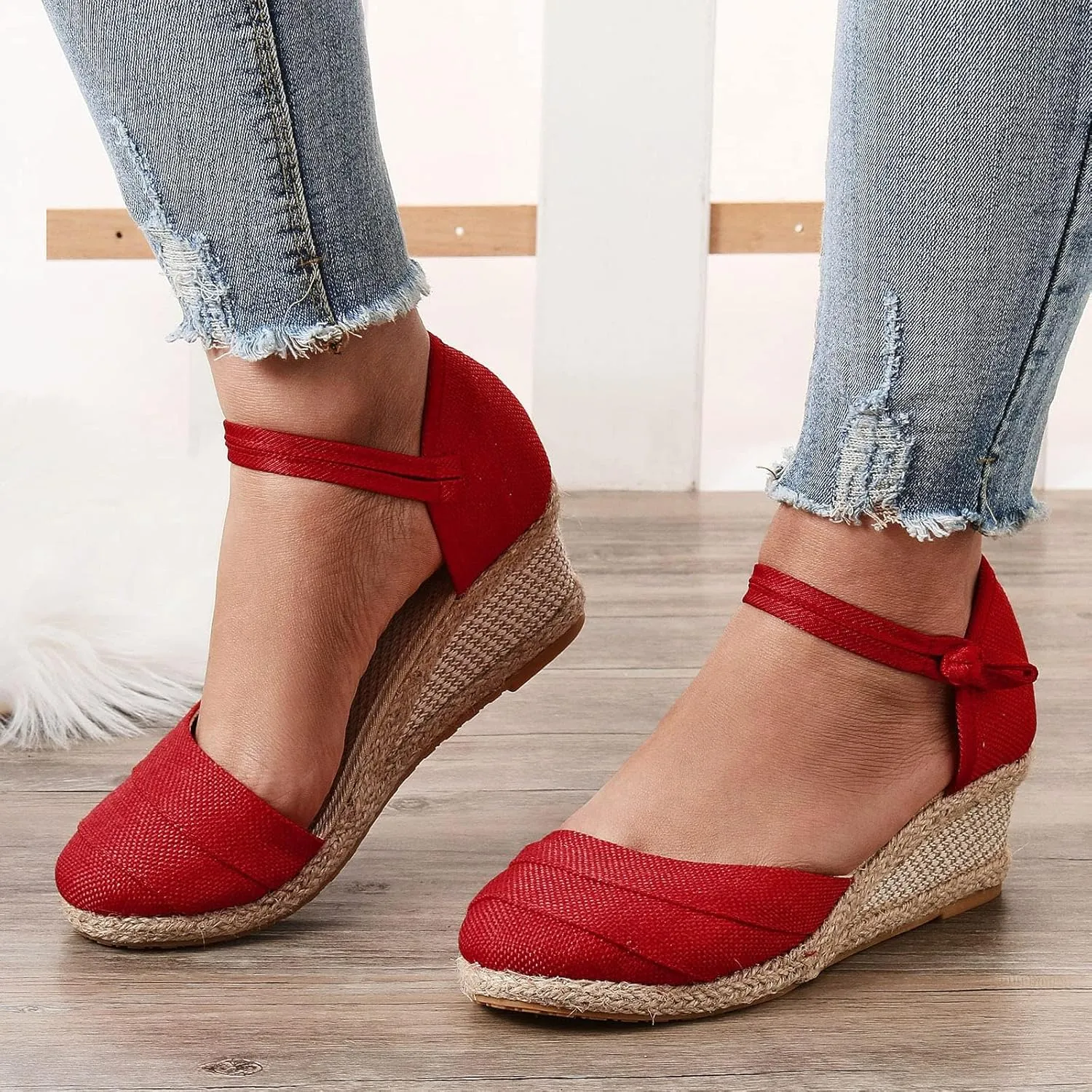 Womenyiaor Sandals for Women Dressy Summer, Women's Ankle Strap Closed Toe Espadrille Wedge Sandals Dressy Platform Wedge Sandals Casual Shoes (b-Red, 8.5)