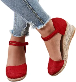 Womenyiaor Sandals for Women Dressy Summer, Women's Ankle Strap Closed Toe Espadrille Wedge Sandals Dressy Platform Wedge Sandals Casual Shoes (b-Red, 8.5)