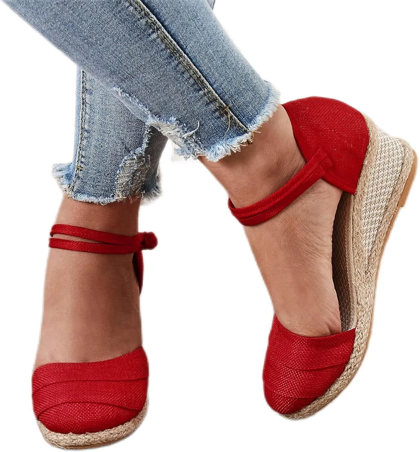 Womenyiaor Sandals for Women Dressy Summer, Women's Ankle Strap Closed Toe Espadrille Wedge Sandals Dressy Platform Wedge Sandals Casual Shoes (b-Red, 8.5)