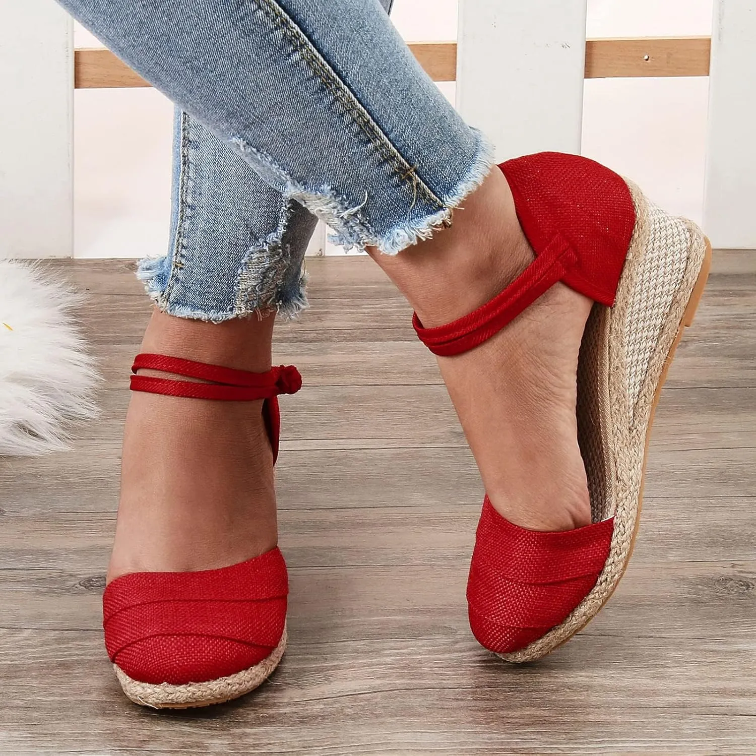 Womenyiaor Sandals for Women Dressy Summer, Women's Ankle Strap Closed Toe Espadrille Wedge Sandals Dressy Platform Wedge Sandals Casual Shoes (b-Red, 8.5)