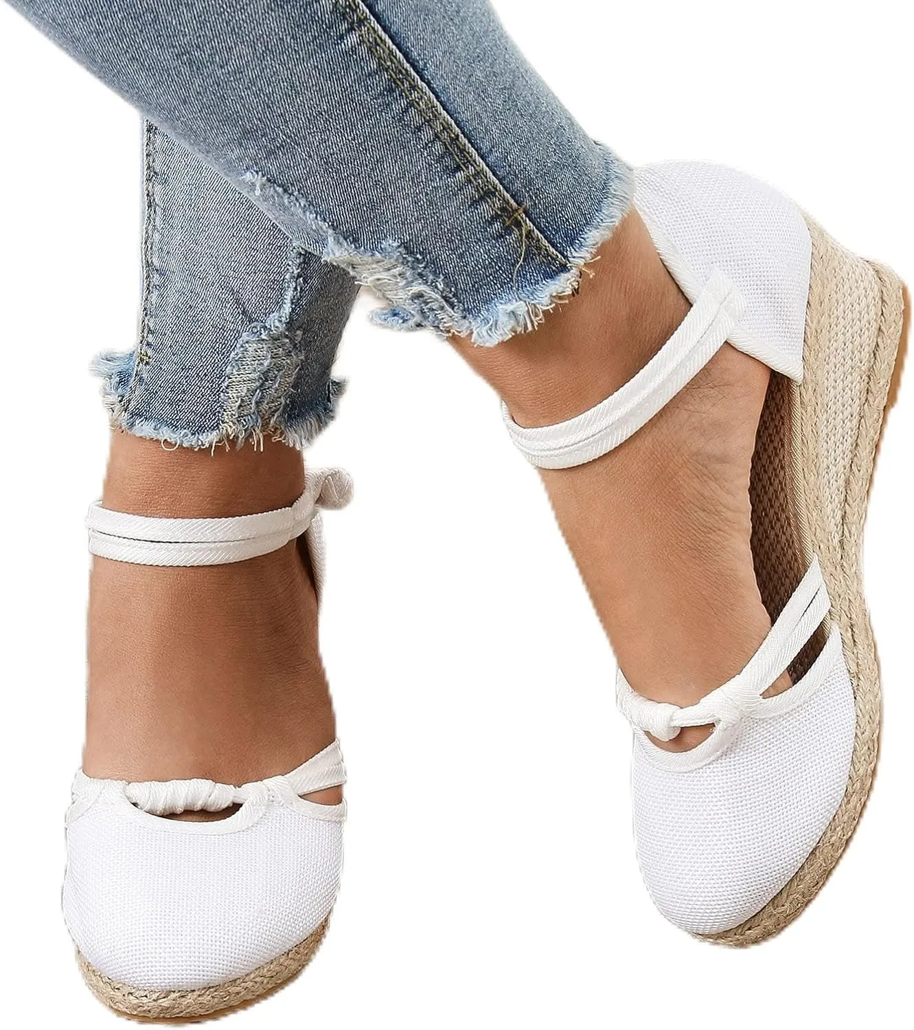 Womenyiaor Sandals for Women Dressy Summer, Women's Ankle Strap Closed Toe Espadrille Wedge Sandals Dressy Platform Wedge Sandals Casual Shoes (d-White, 9)