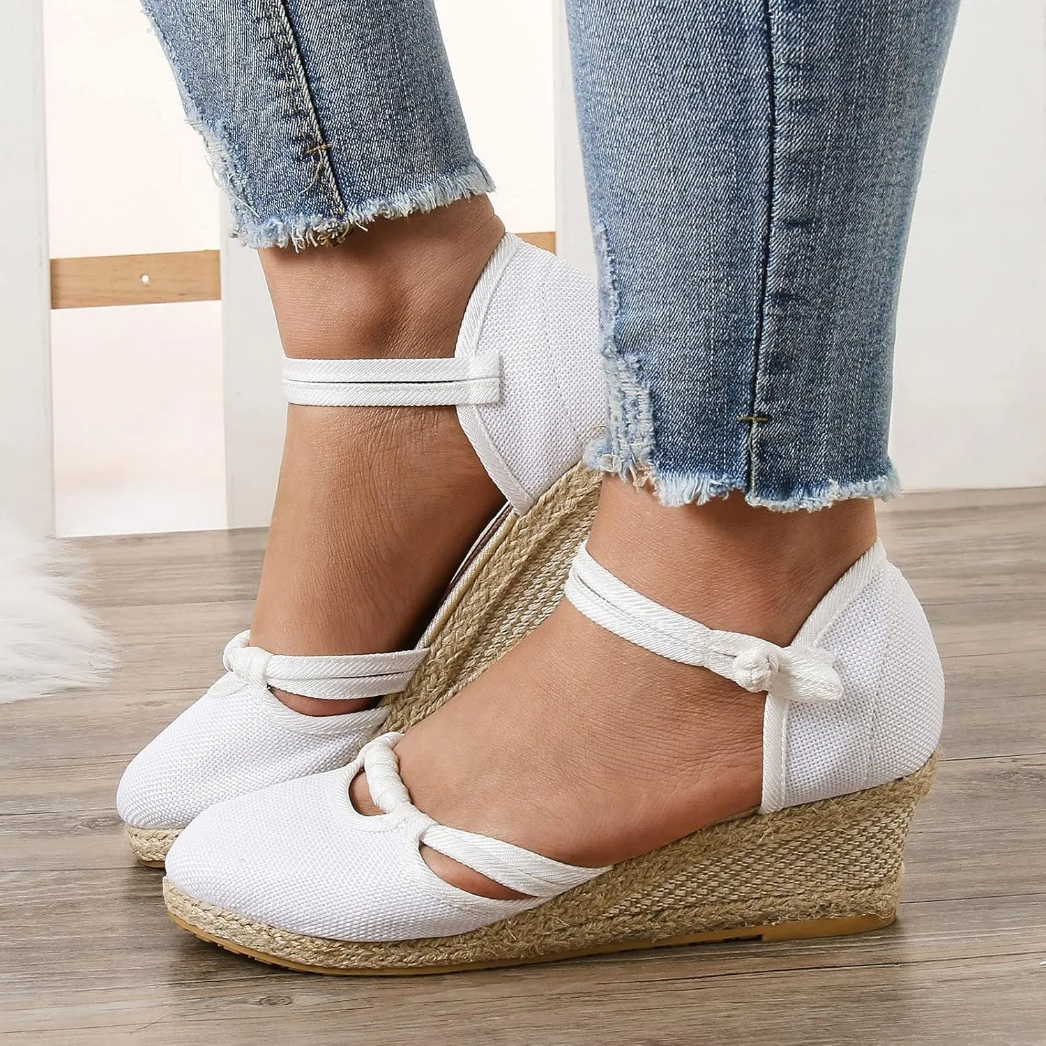 Womenyiaor Sandals for Women Dressy Summer, Women's Ankle Strap Closed Toe Espadrille Wedge Sandals Dressy Platform Wedge Sandals Casual Shoes (d-White, 9)