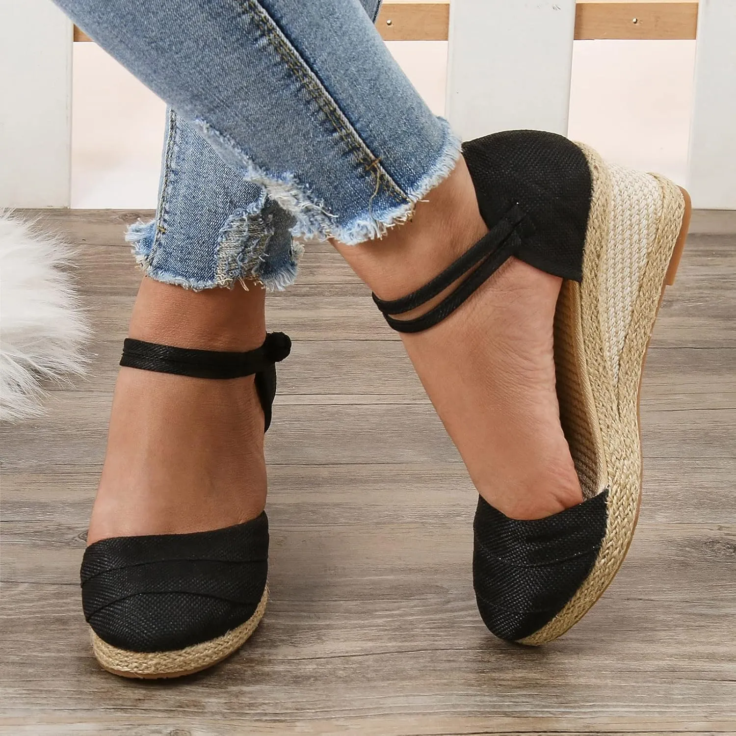 Womenyiaor Wedge Sandals for Women, Women's Closed Toe Elastic Ankle Strap Espadrilles Wedge Sandals Low Wedge Heel Sandals Dressy Summer Casual Platform Shoes
