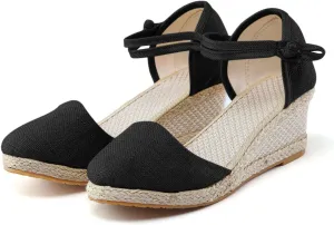 Womenyiaor Wedge Sandals for Women, Women's Closed Toe Elastic Ankle Strap Espadrilles Wedge Sandals Low Wedge Heel Sandals Dressy Summer Casual Platform Shoes