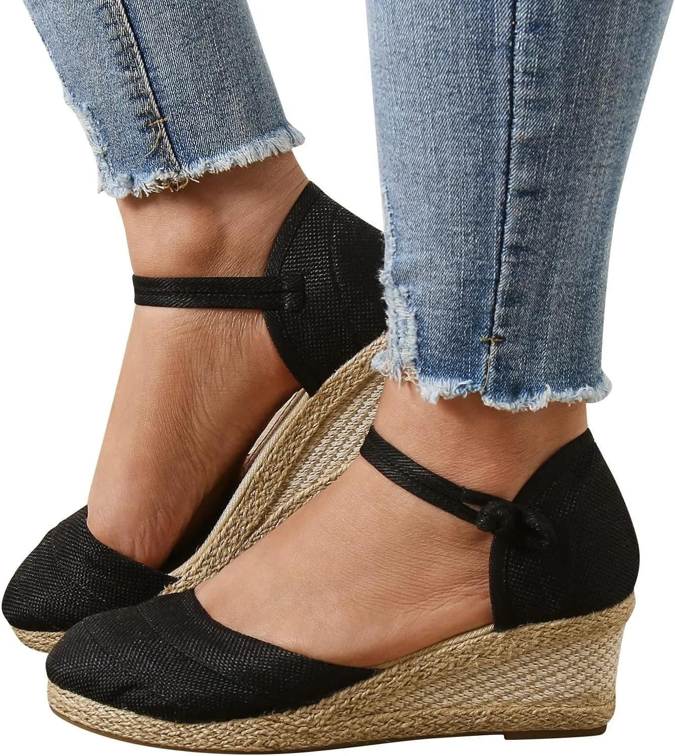 Womenyiaor Wedge Sandals for Women, Women's Closed Toe Elastic Ankle Strap Espadrilles Wedge Sandals Low Wedge Heel Sandals Dressy Summer Casual Platform Shoes