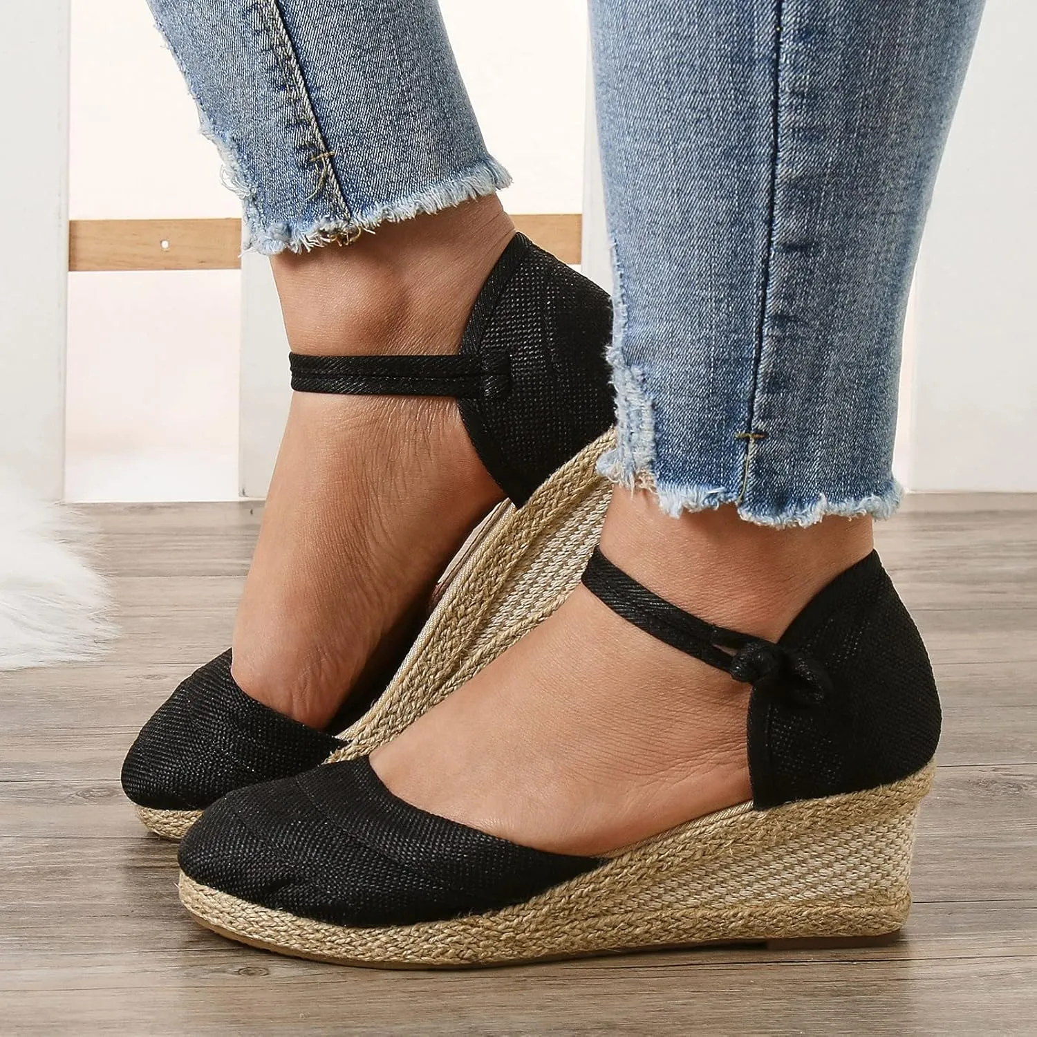 Womenyiaor Wedge Sandals for Women, Women's Closed Toe Elastic Ankle Strap Espadrilles Wedge Sandals Low Wedge Heel Sandals Dressy Summer Casual Platform Shoes