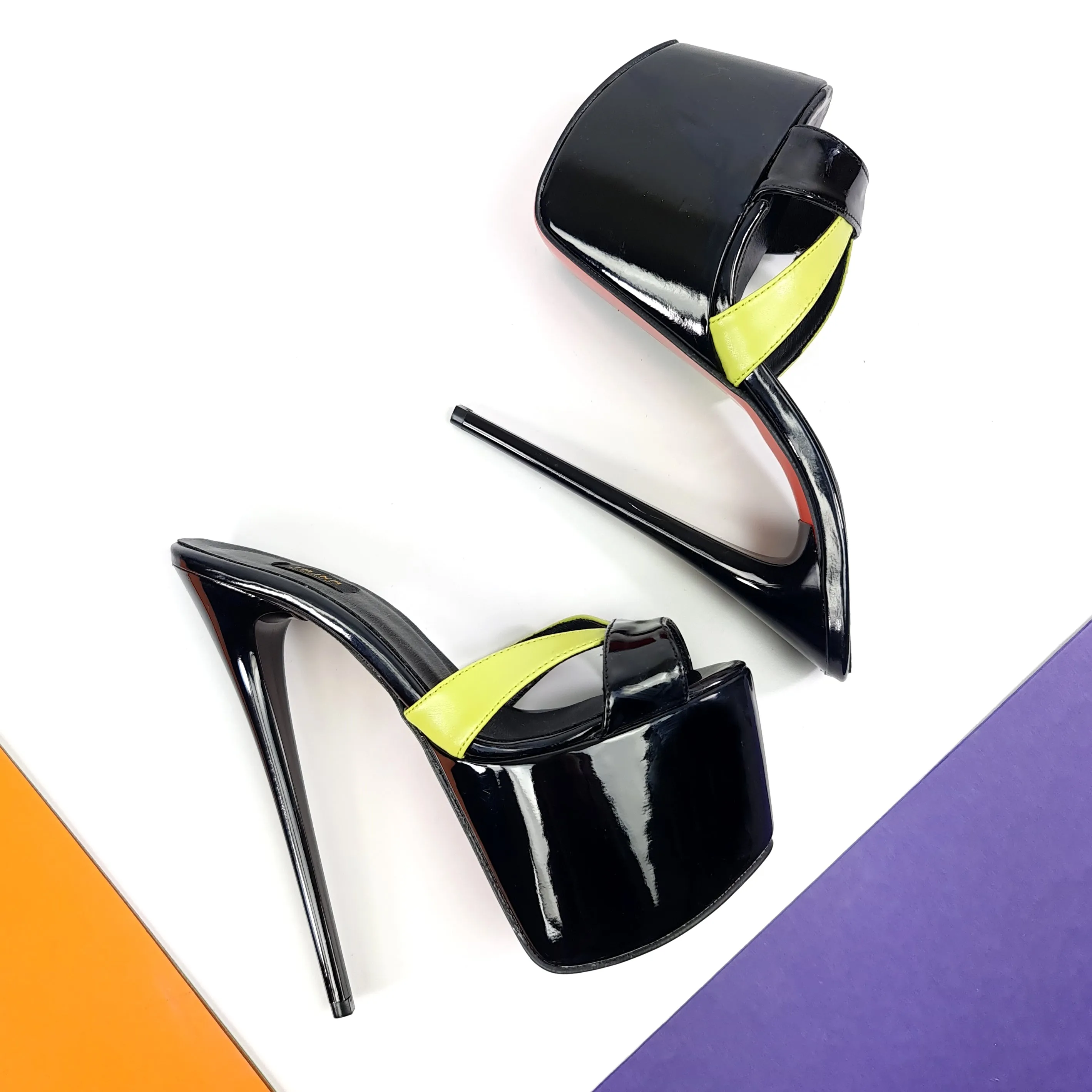 Yellow Gloss Black Strap High Heel Mules