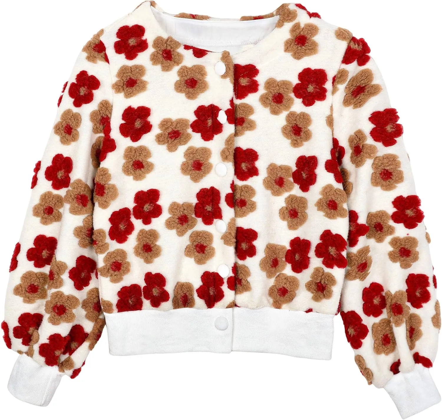 Yimoon Womens Cropped Floral Print Jacket Puff Sleeve Fleece Bomber Jacket Button Down Fall Winter Warm Outerwear