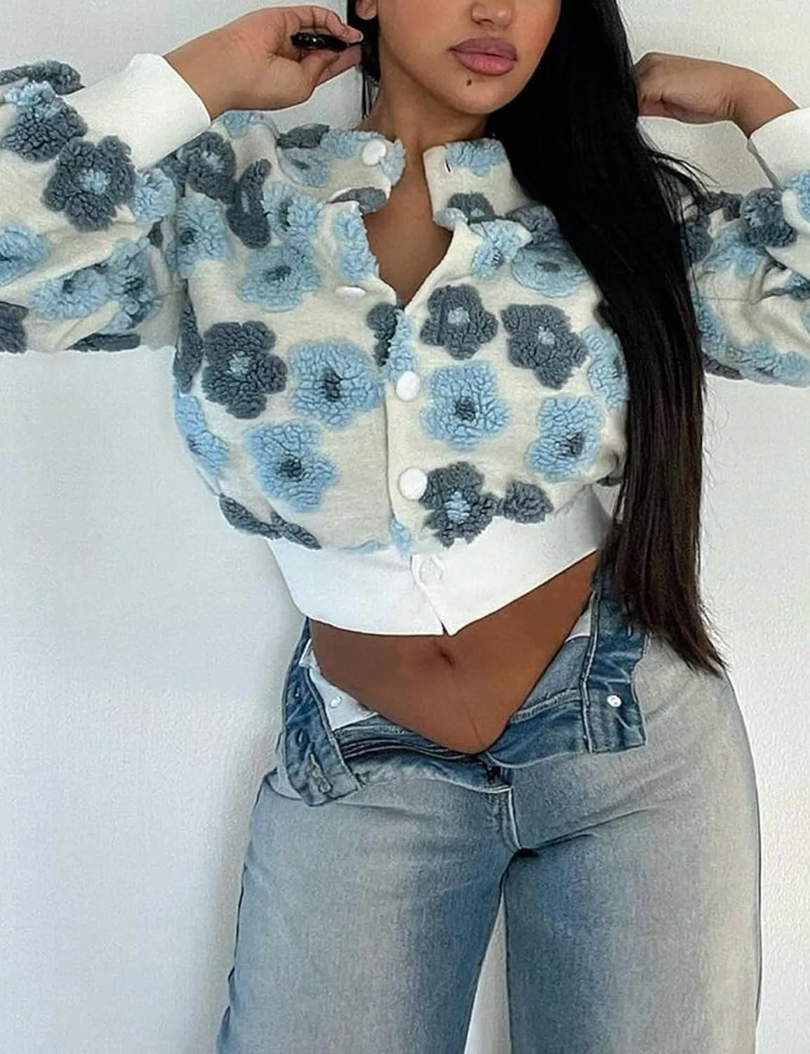 Yimoon Womens Cropped Floral Print Jacket Puff Sleeve Fleece Bomber Jacket Button Down Fall Winter Warm Outerwear