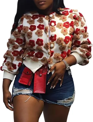 Yimoon Womens Cropped Floral Print Jacket Puff Sleeve Fleece Bomber Jacket Button Down Fall Winter Warm Outerwear