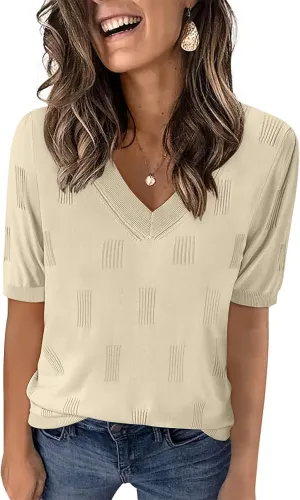 Yincro Womens Short Sleeve Sweaters Fall Summer Tops V Neck Lightweight Knit Pullovers