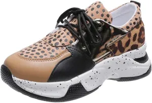 YSMIIH Women's Platform Wedge Heel Fashion Sneakers Leopard Snake Color Blocking Lace-Up Casual Shoes