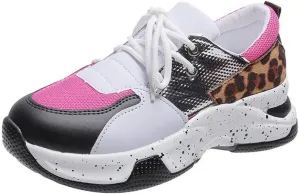 YSMIIH Women's Platform Wedge Heel Fashion Sneakers Leopard Snake Color Blocking Lace-Up Casual Shoes