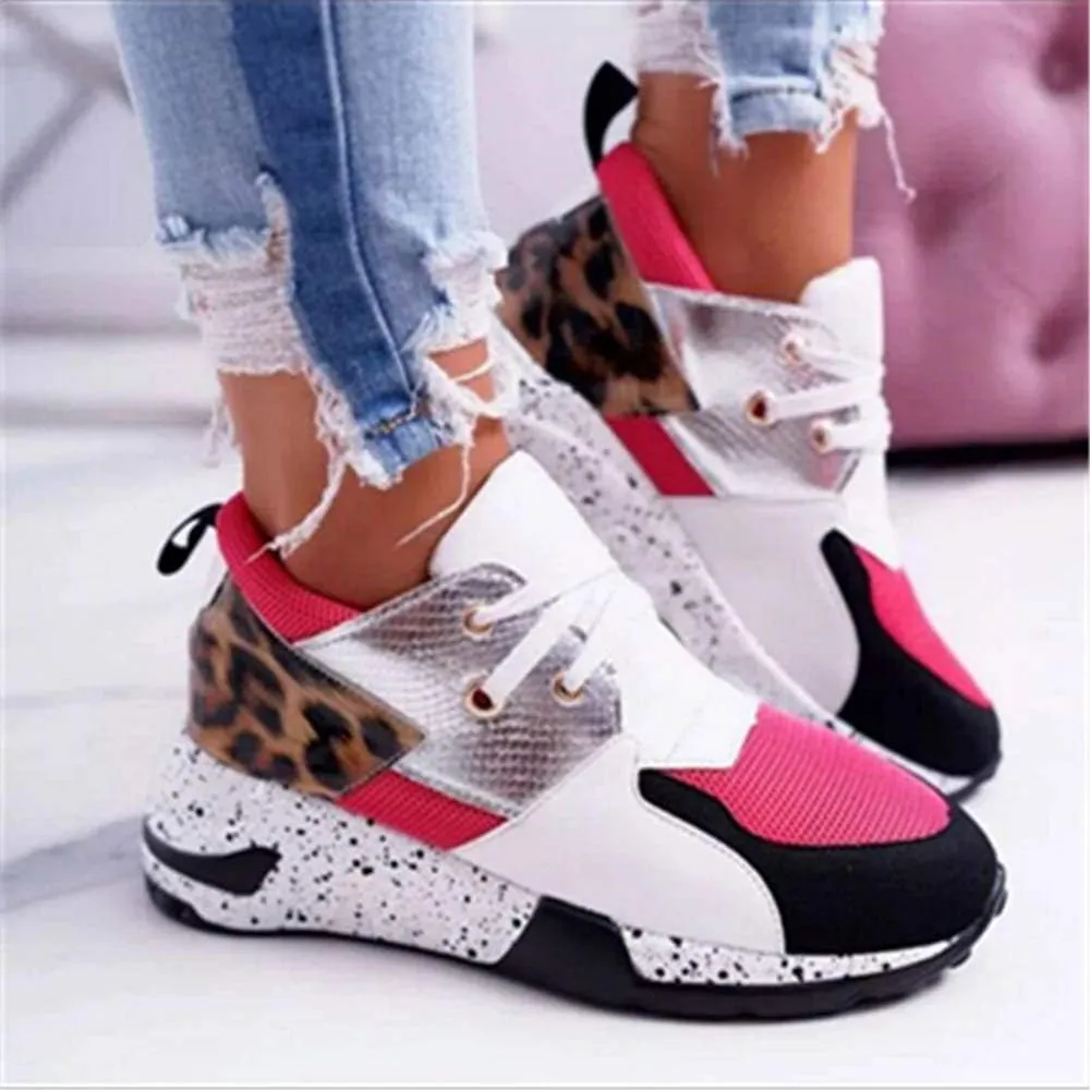 YSMIIH Women's Platform Wedge Heel Fashion Sneakers Leopard Snake Color Blocking Lace-Up Casual Shoes