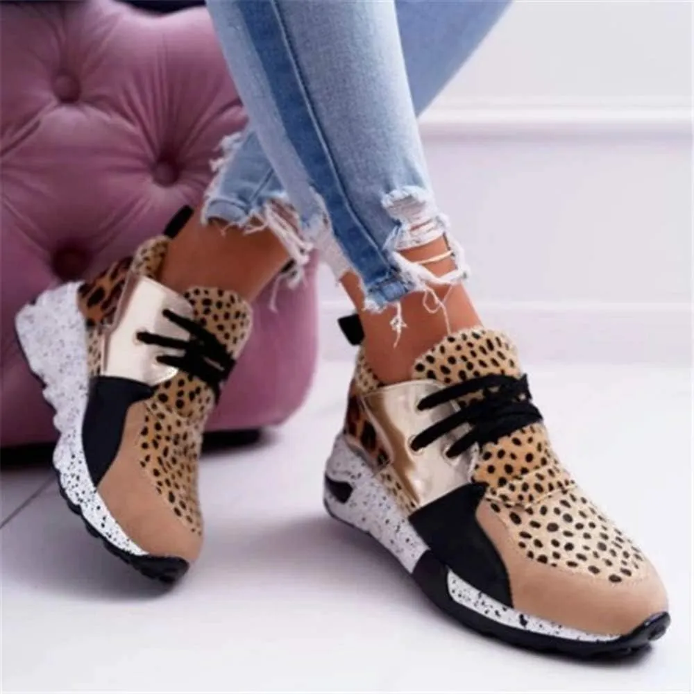 YSMIIH Women's Platform Wedge Heel Fashion Sneakers Leopard Snake Color Blocking Lace-Up Casual Shoes