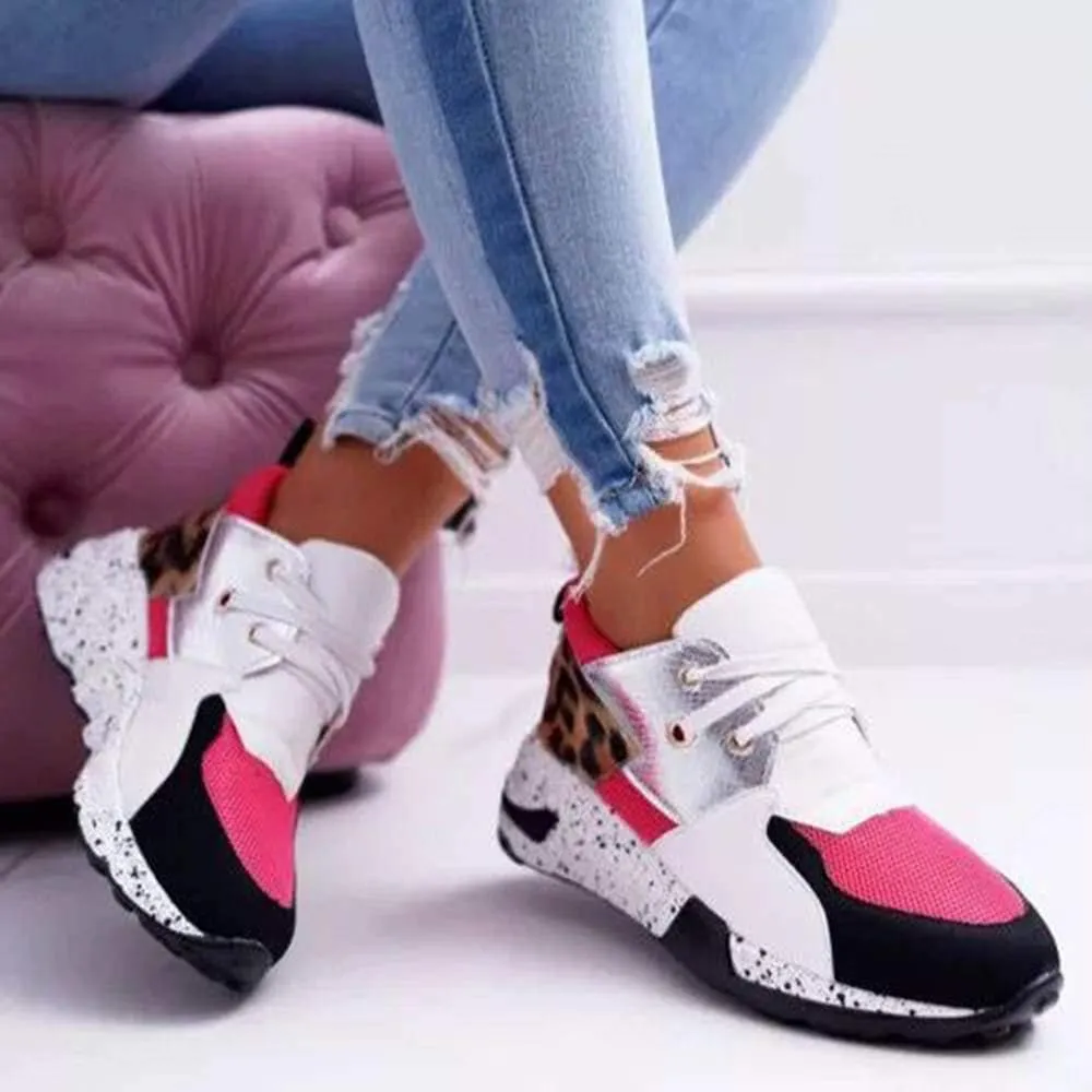 YSMIIH Women's Platform Wedge Heel Fashion Sneakers Leopard Snake Color Blocking Lace-Up Casual Shoes