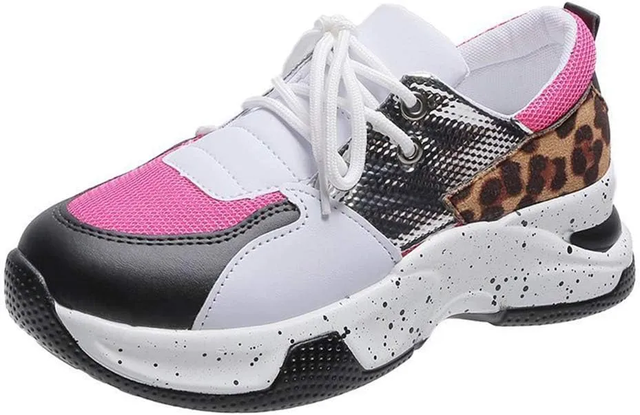 YSMIIH Women's Platform Wedge Heel Fashion Sneakers Leopard Snake Color Blocking Lace-Up Casual Shoes