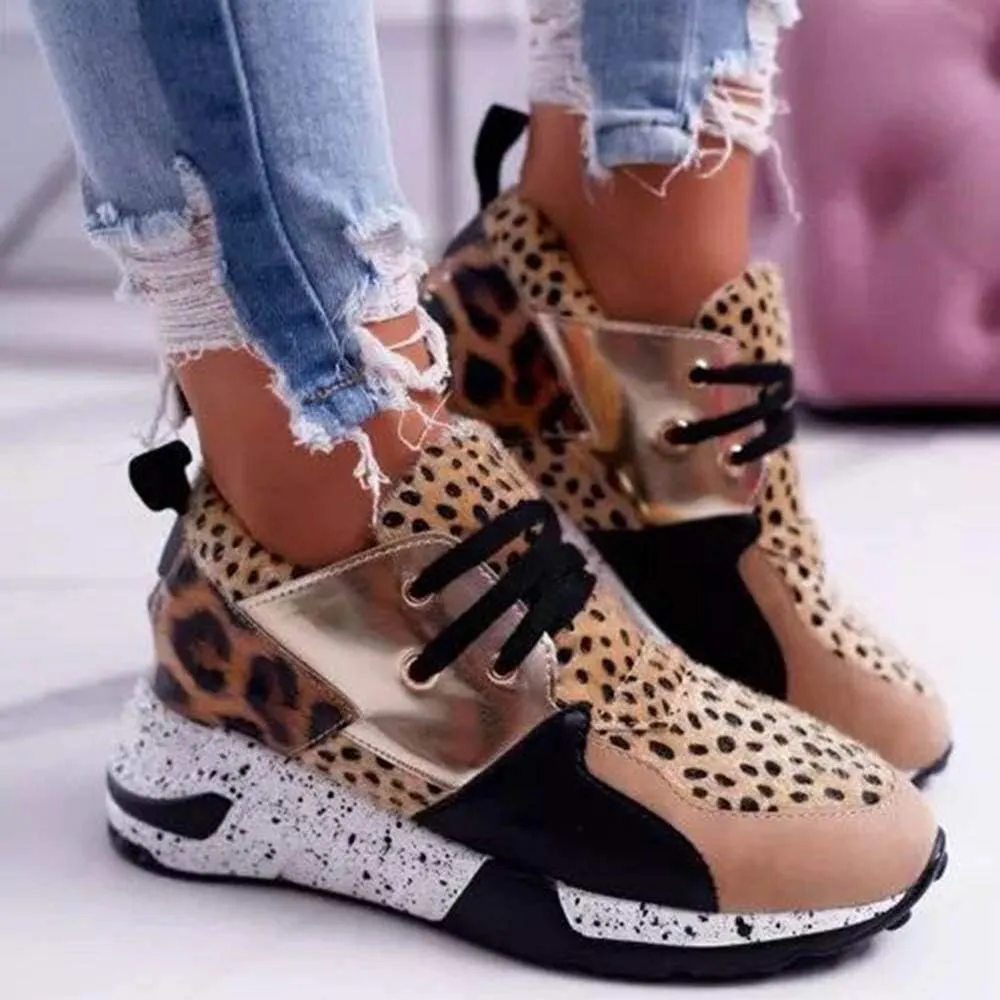 YSMIIH Women's Platform Wedge Heel Fashion Sneakers Leopard Snake Color Blocking Lace-Up Casual Shoes
