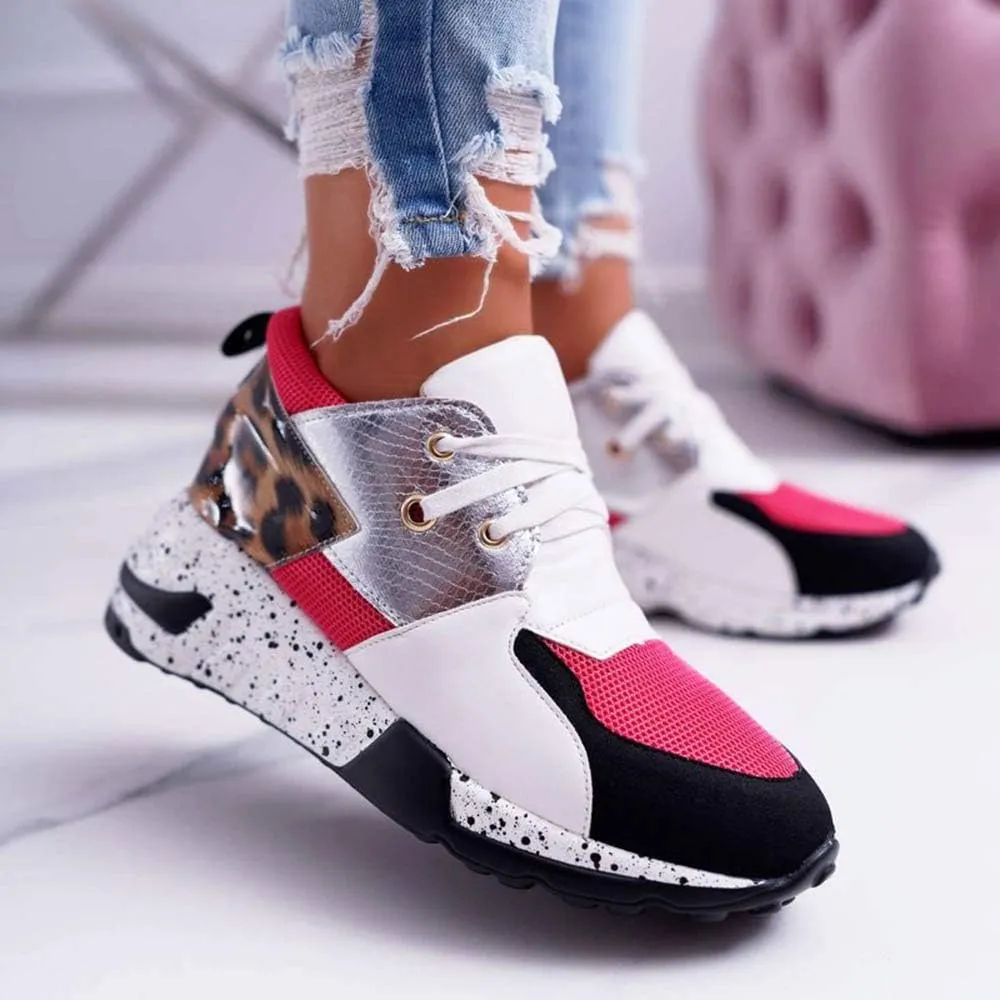 YSMIIH Women's Platform Wedge Heel Fashion Sneakers Leopard Snake Color Blocking Lace-Up Casual Shoes