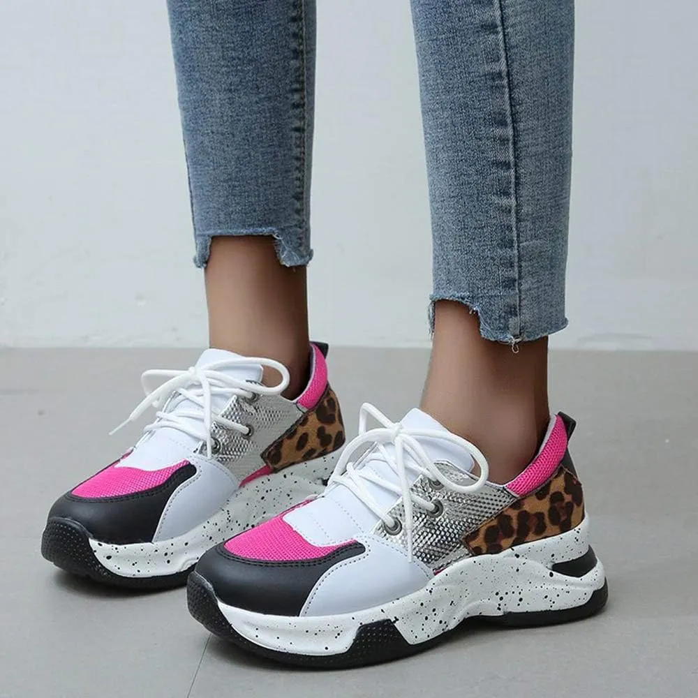 YSMIIH Women's Platform Wedge Heel Fashion Sneakers Leopard Snake Color Blocking Lace-Up Casual Shoes