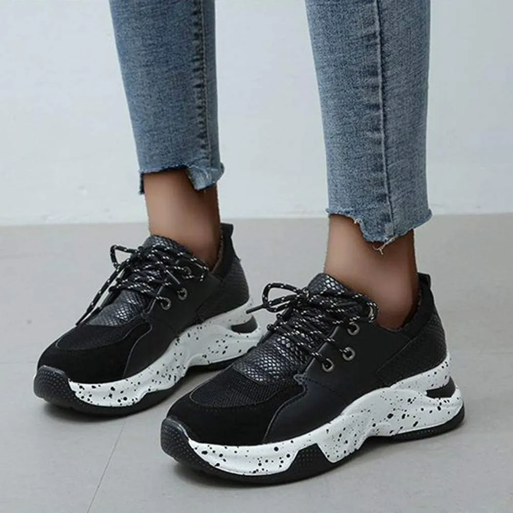 YSMIIH Women's Platform Wedge Heel Fashion Sneakers Leopard Snake Color Blocking Lace-Up Casual Shoes
