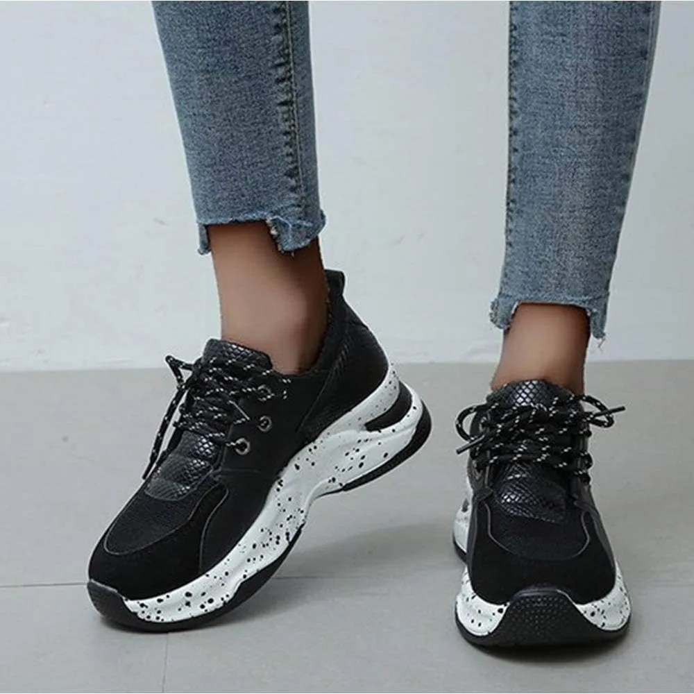 YSMIIH Women's Platform Wedge Heel Fashion Sneakers Leopard Snake Color Blocking Lace-Up Casual Shoes