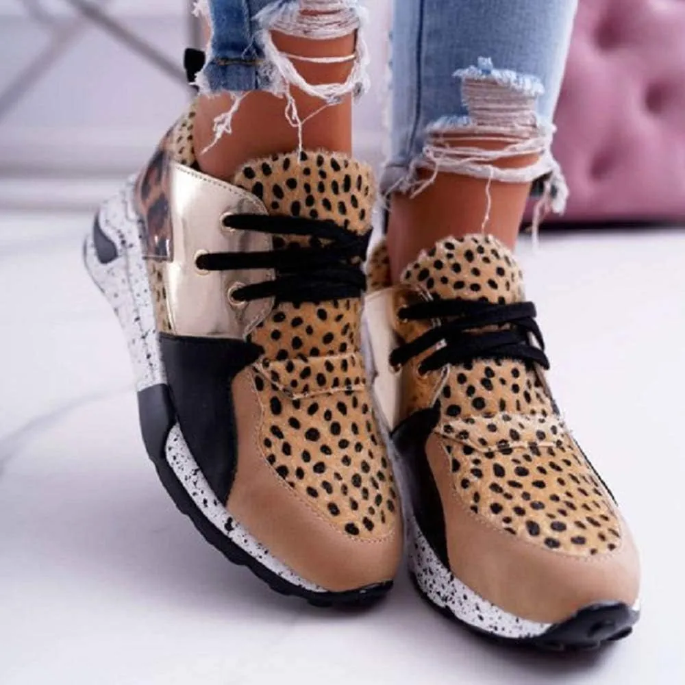 YSMIIH Women's Platform Wedge Heel Fashion Sneakers Leopard Snake Color Blocking Lace-Up Casual Shoes