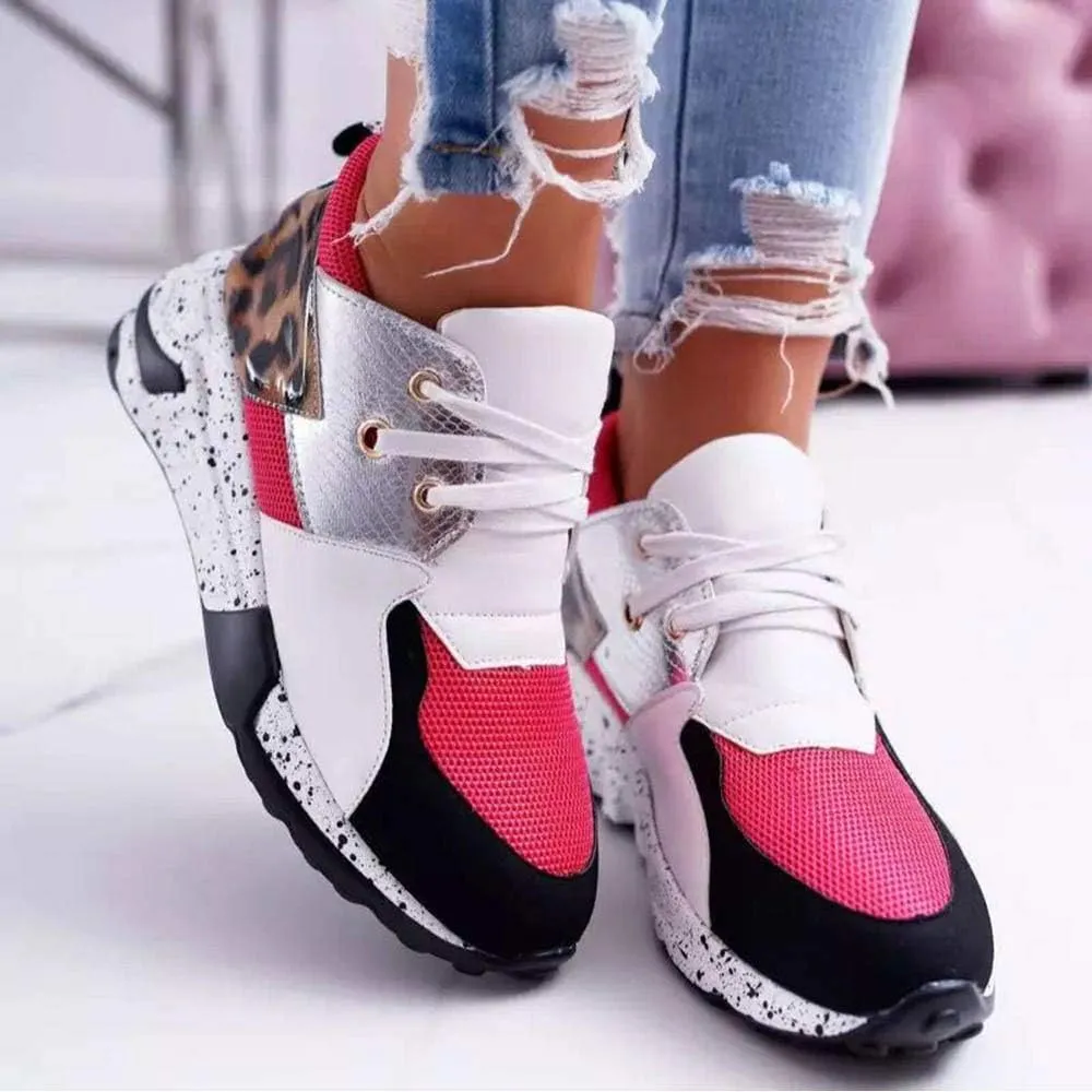 YSMIIH Women's Platform Wedge Heel Fashion Sneakers Leopard Snake Color Blocking Lace-Up Casual Shoes