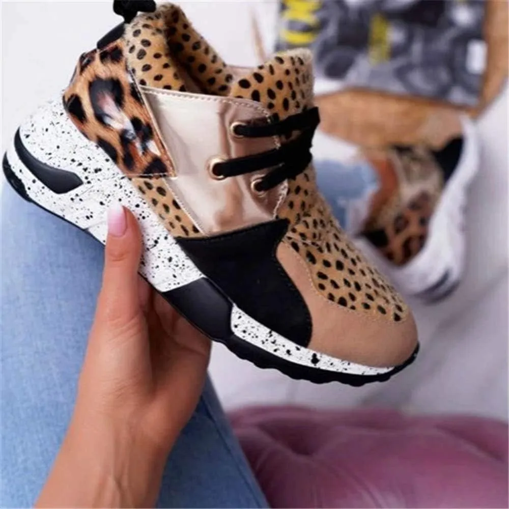 YSMIIH Women's Platform Wedge Heel Fashion Sneakers Leopard Snake Color Blocking Lace-Up Casual Shoes