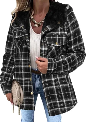 Zeagoo Womens Plaid Shacket Jacket Long Sleeve Button Down Fleece Hooded Jackets Warm Coat